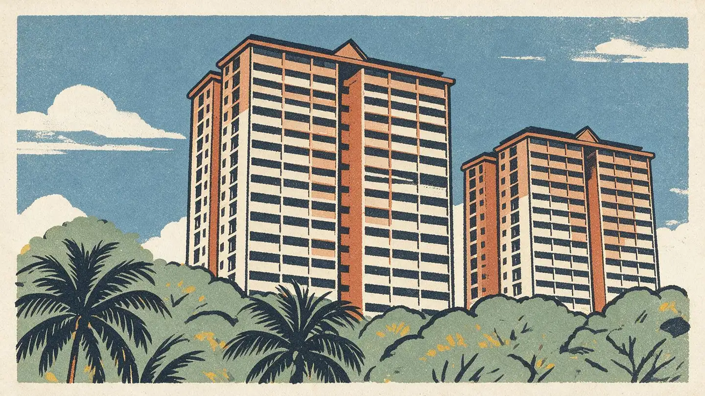 Illustration of HDB public housing blocks in Bedok, Singapore