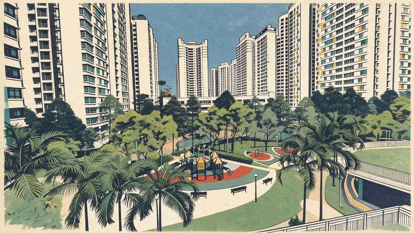Illustration of HDB public housing blocks in Sengkang, Singapore
